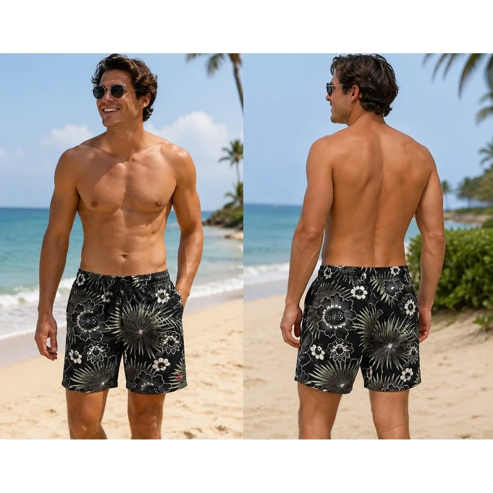 Tommy Bahama Men's Swim Trunks Size M Black Floral Hawaiian Board Shorts NWT‎
